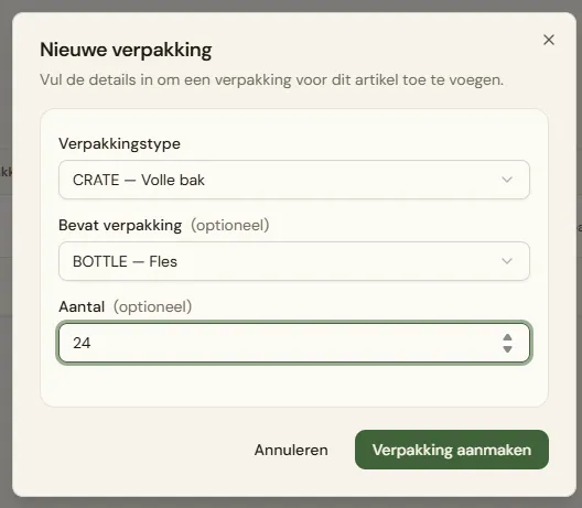 Het formulier met de velden Verpakkingstype (dropdown), "Bevat verpakking" (dropdown, met "Basisverpakking" als optie) en Aantal — idealiter met "Bevat verpakking" ingevuld zodat het Aantal-veld mee zichtbaar is.