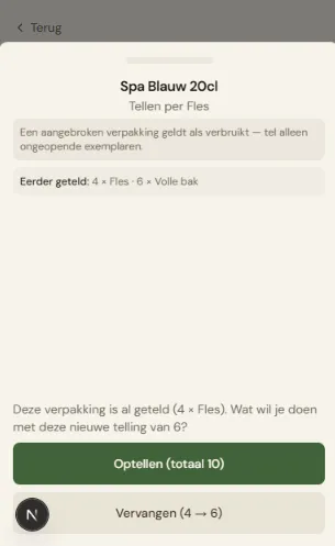 Het telscherm met de tekst "Deze verpakking is al geteld (...)" en de twee knoppen "Optellen (totaal ...)" en "Vervangen (... → ...)".