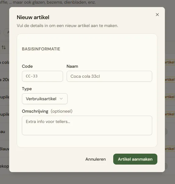 Het formulier dat verschijnt na een klik op "Nieuw artikel": de velden Code, Naam, Type (dropdown met Verbruiksartikel/Duurzaam) en Omschrijving, met de knoppen "Annuleren" en "Artikel aanmaken".