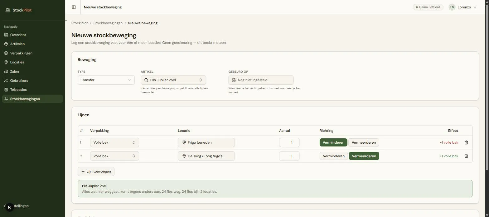 Het desktopformulier "Nieuwe stockbeweging" met type "Transfer" en artikel "Pils Jupiler 25cl": twee lijnen met verpakking, locatie, aantal, richting (Verminderen/Vermeerderen) en effect, en onderaan de groene balansmelding "Alles wat hier weggaat, komt ergens anders aan".