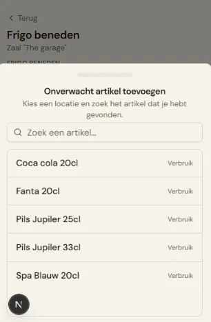 De locatiechips, het zoekveld en de resultatenlijst met per artikel het type (Verbruik/Duurzaam).