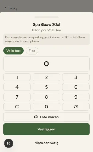 Het volledige scherm: titel, eventuele tip, het cijferdisplay op "0", de verpakkingspillen, het toetsenbord en de knoppen "Foto maken" / "Vastleggen" / "Niets aanwezig".