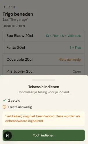 De tellingen/niets-aanwezig-tally, de waarschuwing over onbeantwoorde items, en de knop "Toch indienen".