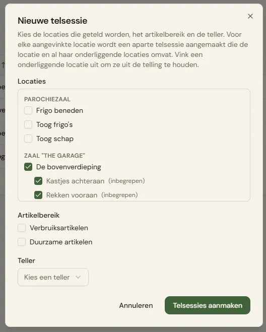 De boomweergave in de dialoog "Nieuwe telsessie": locaties ingesprongen per niveau, gegroepeerd onder de naam van hun zaal, met aanvinkbare checkboxen en het label "(inbegrepen)" naast een onderliggende locatie die automatisch meegenomen wordt.