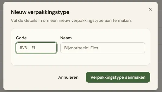 Het eenvoudige formulier met enkel de velden Code en Naam.