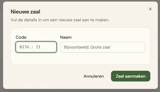 Het formulier dat verschijnt na een klik op "Nieuwe zaal": de velden Code en Naam, met de knoppen "Annuleren" en "Zaal aanmaken".